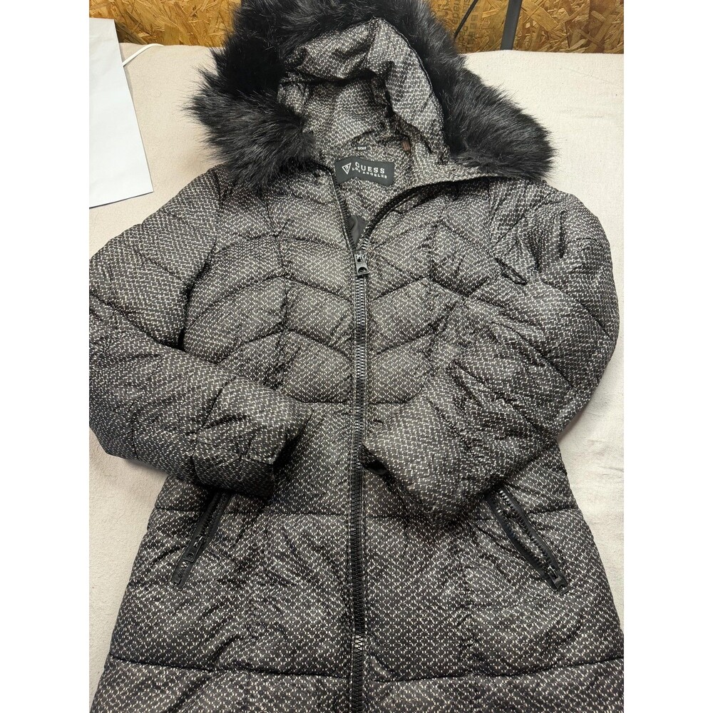 Guess Coat Womens Small Black Polka Dot Hooded Puffer Mid Length Faux Fur Trim